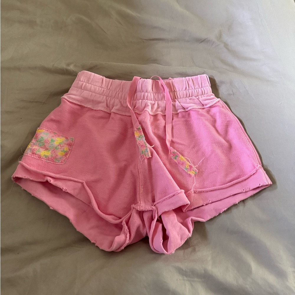 LoveShackFancy Pink Casual Shorts with Floral Accents